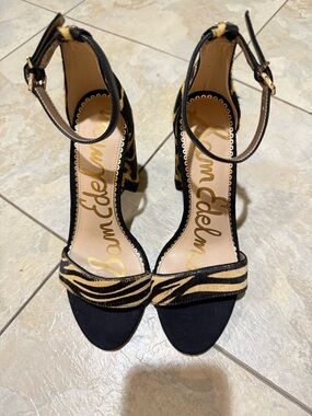 Sam Edelman Black & Tan Zebra-Print Ankle-Strap Block Heels